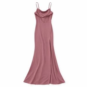 Elegant rose pink evening cocktail gown dress draped cowl neck spaghetti straps